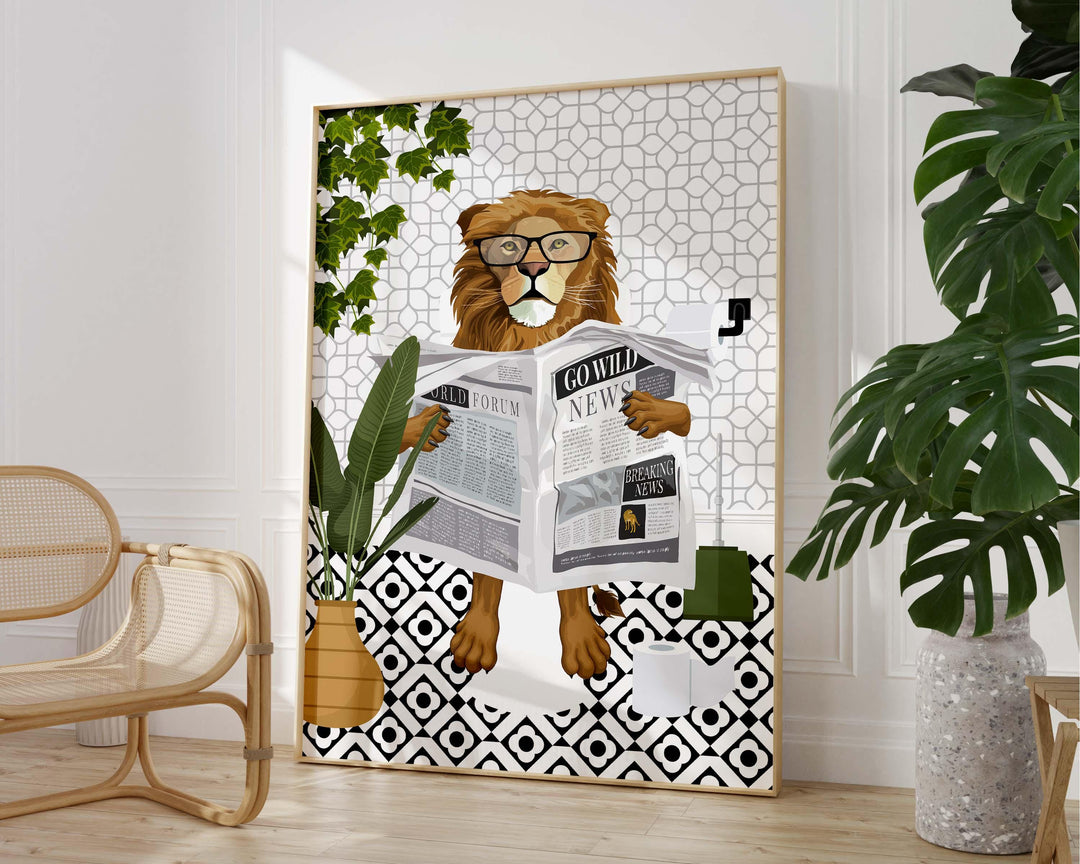 Lion Black And White Bathroom Wall Art, Funny Animal Bathroom Prints, Toilet Art, Monochrome Decor, Maximalist Wall Art, Bathroom Poster