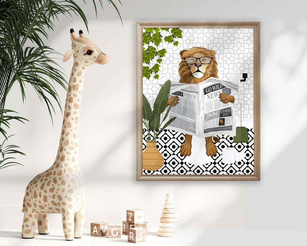 Lion Black And White Bathroom Wall Art, Funny Animal Bathroom Prints, Toilet Art, Monochrome Decor, Maximalist Wall Art, Bathroom Poster