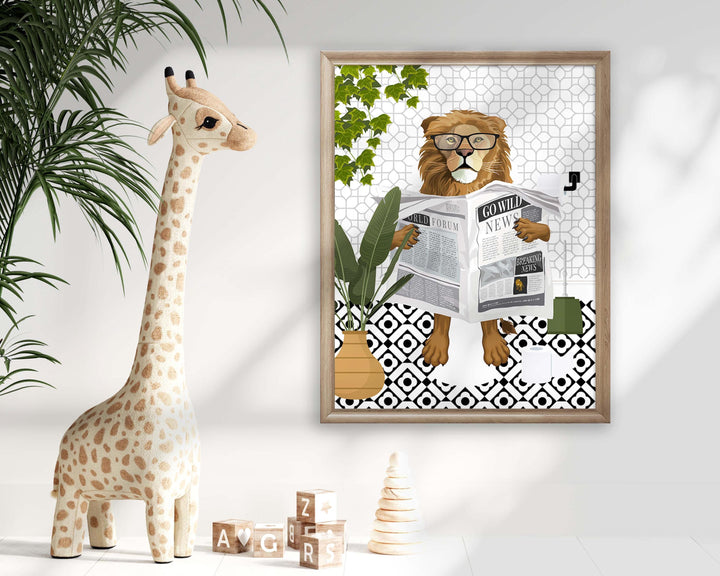 Lion Black And White Bathroom Wall Art, Funny Animal Bathroom Prints, Toilet Art, Monochrome Decor, Maximalist Wall Art, Bathroom Poster