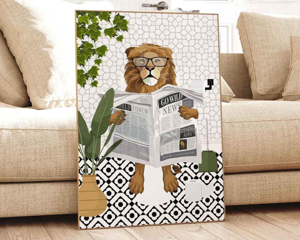 Lion Black And White Bathroom Wall Art, Funny Animal Bathroom Prints, Toilet Art, Monochrome Decor, Maximalist Wall Art, Bathroom Poster