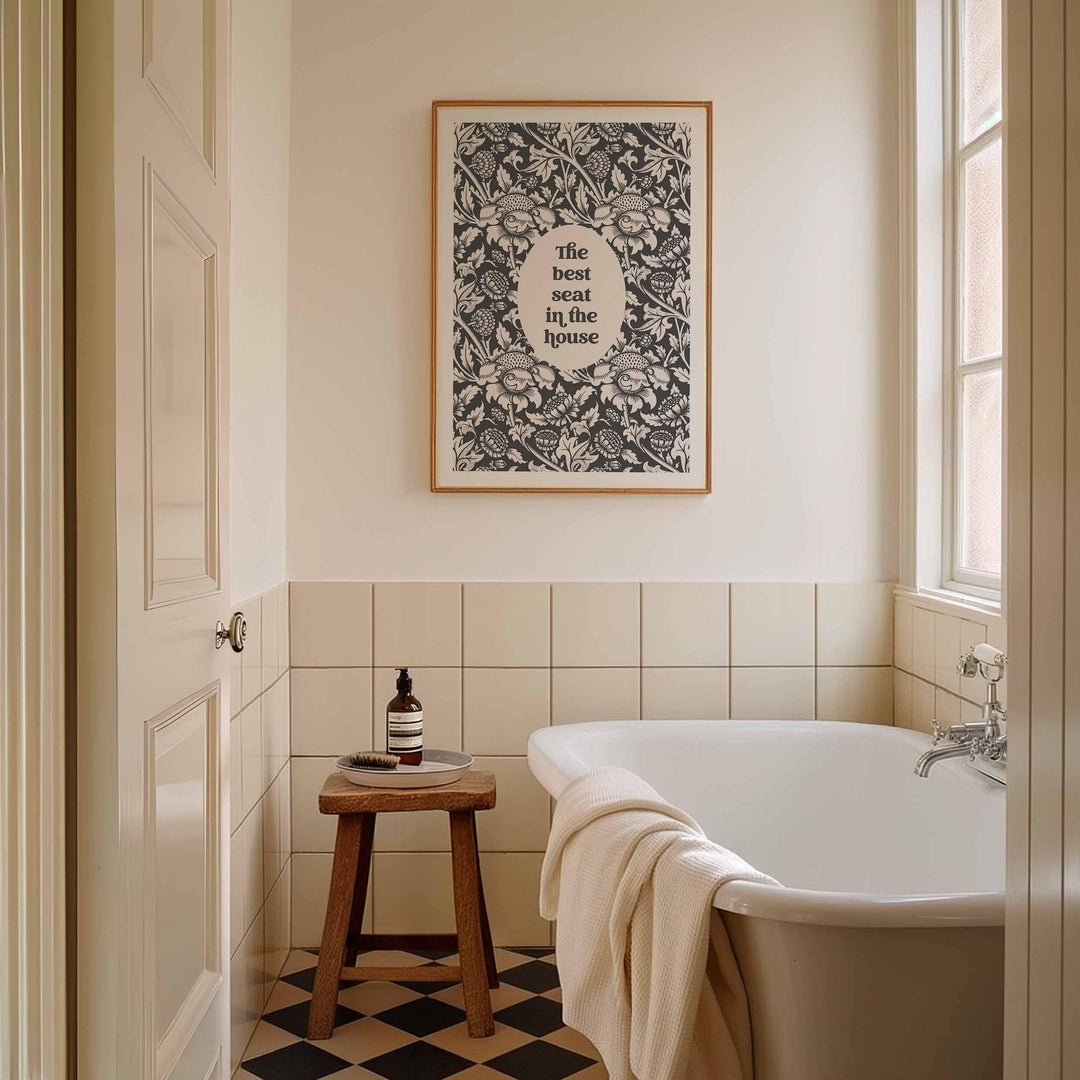 Funny Bathroom Quote Print, Vintage Bathroom Humour Grey Wall Art, Best Seat In The House Art, Guest Toilet Sign, Unique Gift For Couple