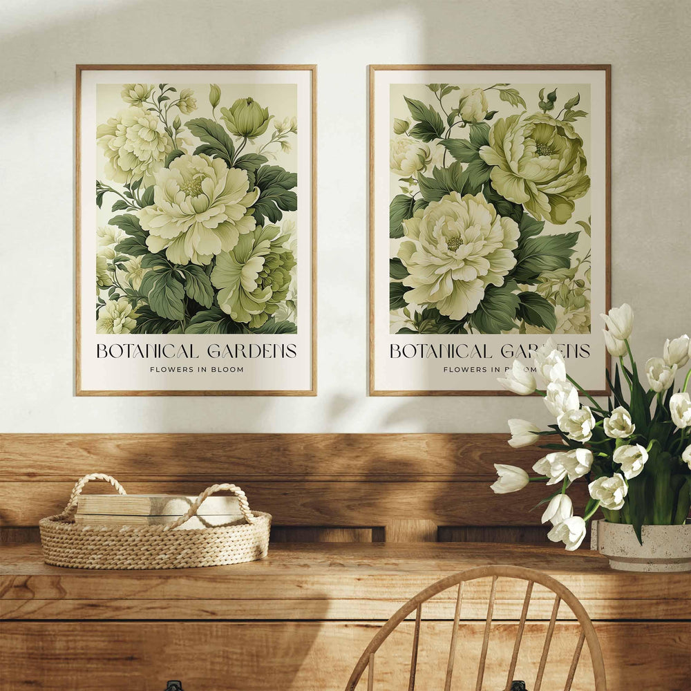 Set of 2 Vintage Botanical Prints, Shabby Chic Floral Home Garden Decor, Antique Flowers Wall Art, Country Farmhouse Pastel Green Print Set