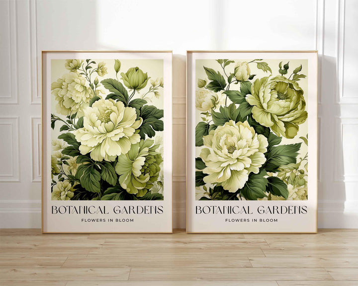 Set of 2 Vintage Botanical Prints, Shabby Chic Floral Home Garden Decor, Antique Flowers Wall Art, Country Farmhouse Pastel Green Print Set