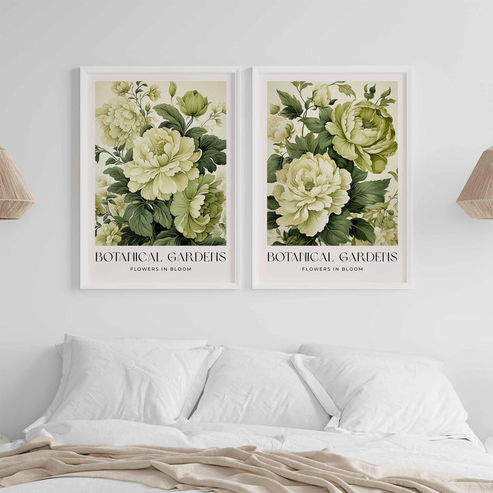Set of 2 Vintage Botanical Prints, Shabby Chic Floral Home Garden Decor, Antique Flowers Wall Art, Country Farmhouse Pastel Green Print Set