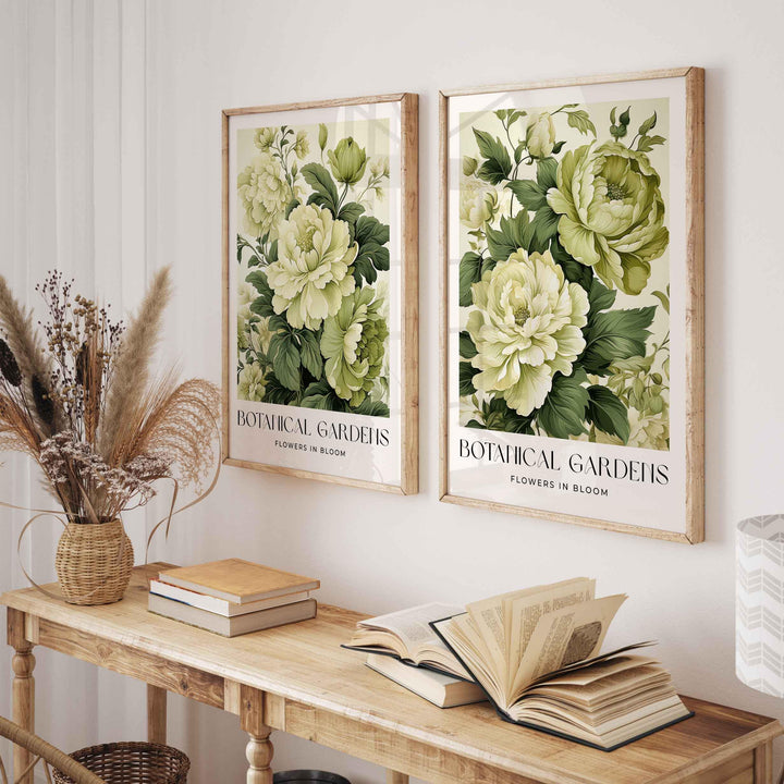 Set of 2 Vintage Botanical Prints, Shabby Chic Floral Home Garden Decor, Antique Flowers Wall Art, Country Farmhouse Pastel Green Print Set