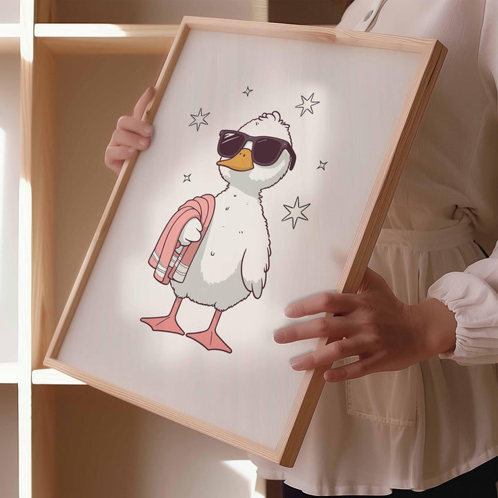 Cute Bathroom Duck Sunglasses Poster, Funny Duck Aesthetic Wall Art, Trendy Silly Goose Nursery Room Decor, It Girl Modern Sassy Duck Print