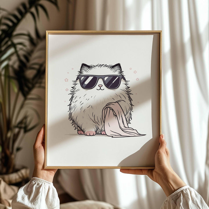 Cute Bathroom Cat In Sunglasses Poster, Funny Cat Aesthetic Wall Art, Trendy Quirky Cat Nursery Room Decor, It Girl Modern Sassy Cat Print