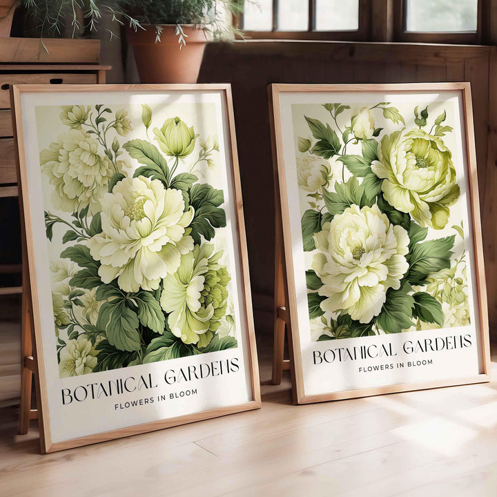 Set of 2 Vintage Botanical Prints, Shabby Chic Floral Home Garden Decor, Antique Flowers Wall Art, Country Farmhouse Pastel Green Print Set