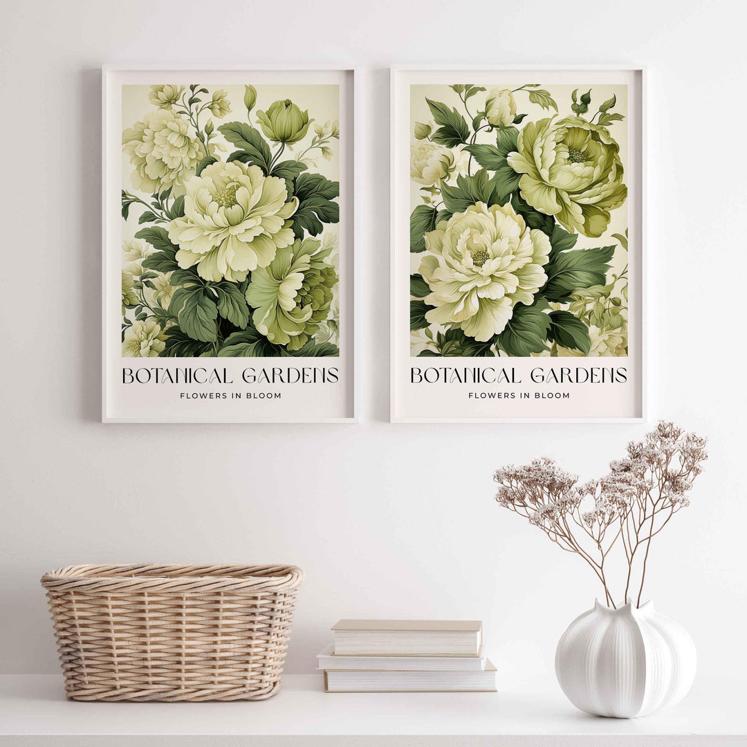 Set of 2 Vintage Botanical Prints, Shabby Chic Floral Home Garden Decor, Antique Flowers Wall Art, Country Farmhouse Pastel Green Print Set