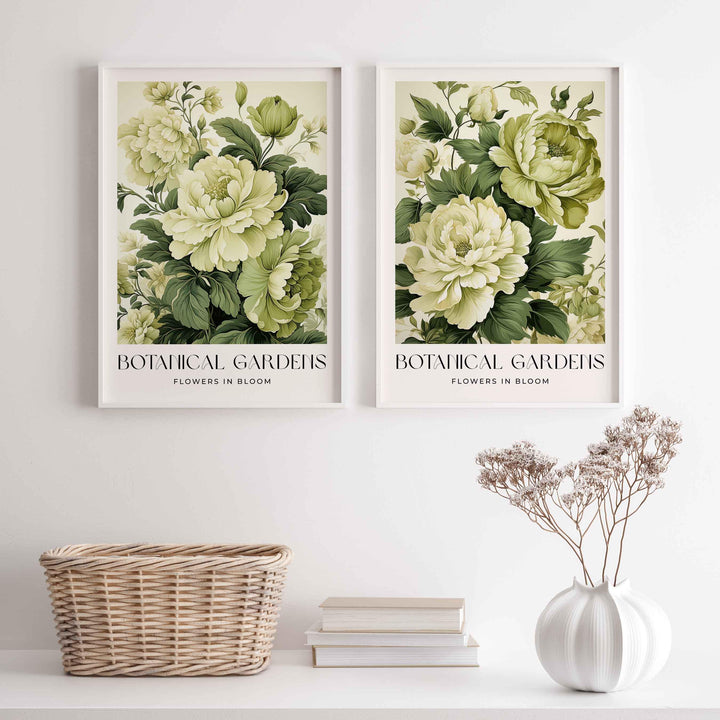 Set of 2 Vintage Botanical Prints, Shabby Chic Floral Home Garden Decor, Antique Flowers Wall Art, Country Farmhouse Pastel Green Print Set