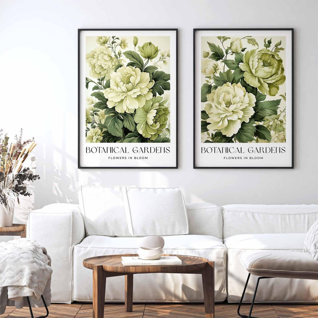 Set of 2 Vintage Botanical Prints, Shabby Chic Floral Home Garden Decor, Antique Flowers Wall Art, Country Farmhouse Pastel Green Print Set
