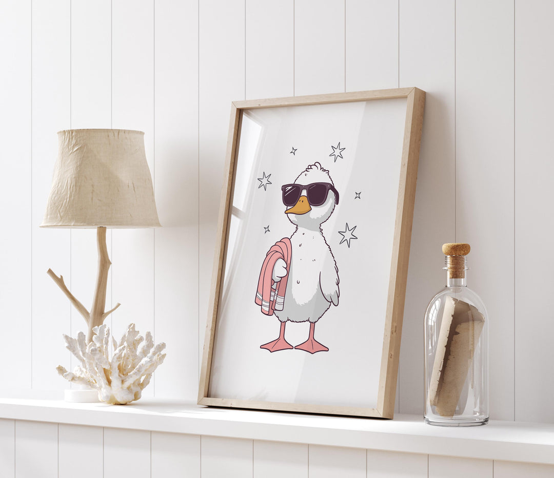 Cute Bathroom Duck Sunglasses Poster, Funny Duck Aesthetic Wall Art, Trendy Silly Goose Nursery Room Decor, It Girl Modern Sassy Duck Print