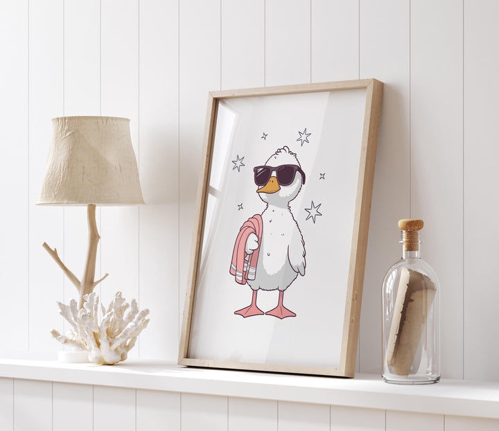 Cute Bathroom Duck Sunglasses Poster, Funny Duck Aesthetic Wall Art, Trendy Silly Goose Nursery Room Decor, It Girl Modern Sassy Duck Print