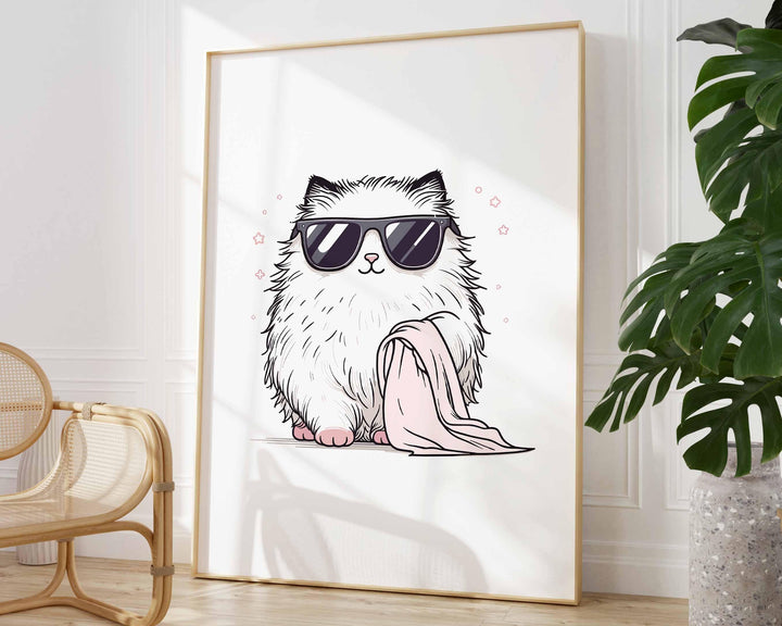 Cute Bathroom Cat In Sunglasses Poster, Funny Cat Aesthetic Wall Art, Trendy Quirky Cat Nursery Room Decor, It Girl Modern Sassy Cat Print