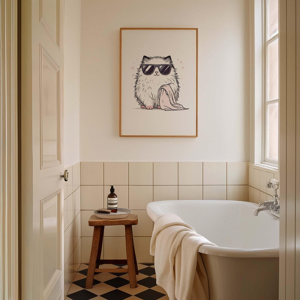 Cute Bathroom Cat In Sunglasses Poster, Funny Cat Aesthetic Wall Art, Trendy Quirky Cat Nursery Room Decor, It Girl Modern Sassy Cat Print