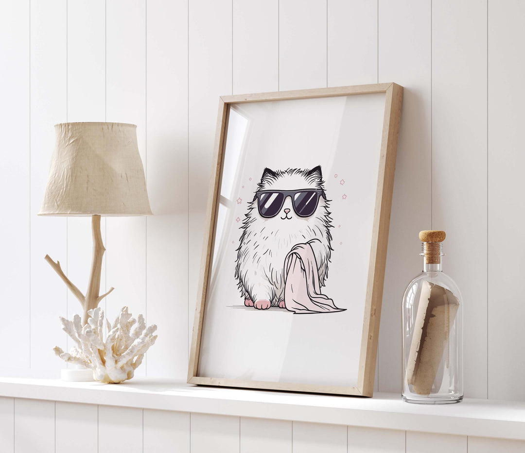 Cute Bathroom Cat In Sunglasses Poster, Funny Cat Aesthetic Wall Art, Trendy Quirky Cat Nursery Room Decor, It Girl Modern Sassy Cat Print