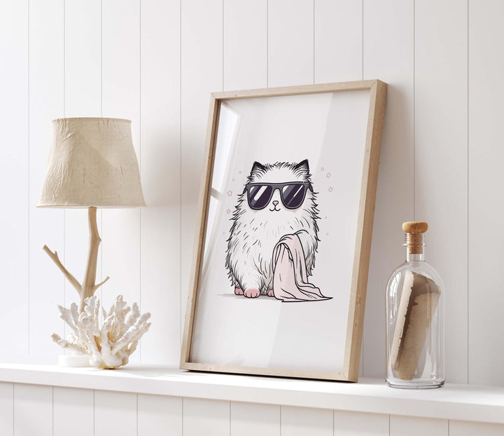 Cute Bathroom Cat In Sunglasses Poster, Funny Cat Aesthetic Wall Art, Trendy Quirky Cat Nursery Room Decor, It Girl Modern Sassy Cat Print