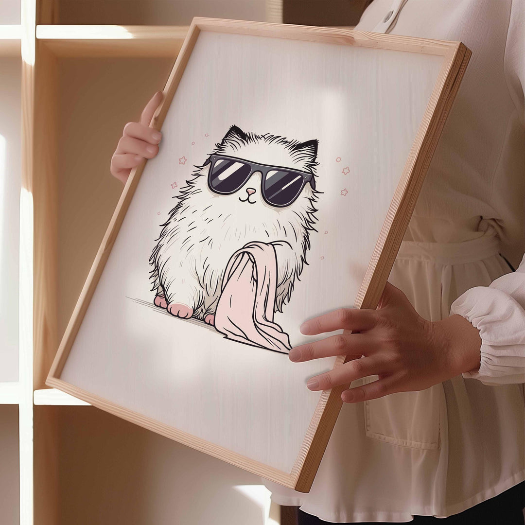 Cute Bathroom Cat In Sunglasses Poster, Funny Cat Aesthetic Wall Art, Trendy Quirky Cat Nursery Room Decor, It Girl Modern Sassy Cat Print