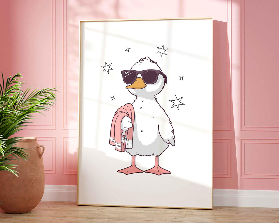Cute Bathroom Duck Sunglasses Poster, Funny Duck Aesthetic Wall Art, Trendy Silly Goose Nursery Room Decor, It Girl Modern Sassy Duck Print