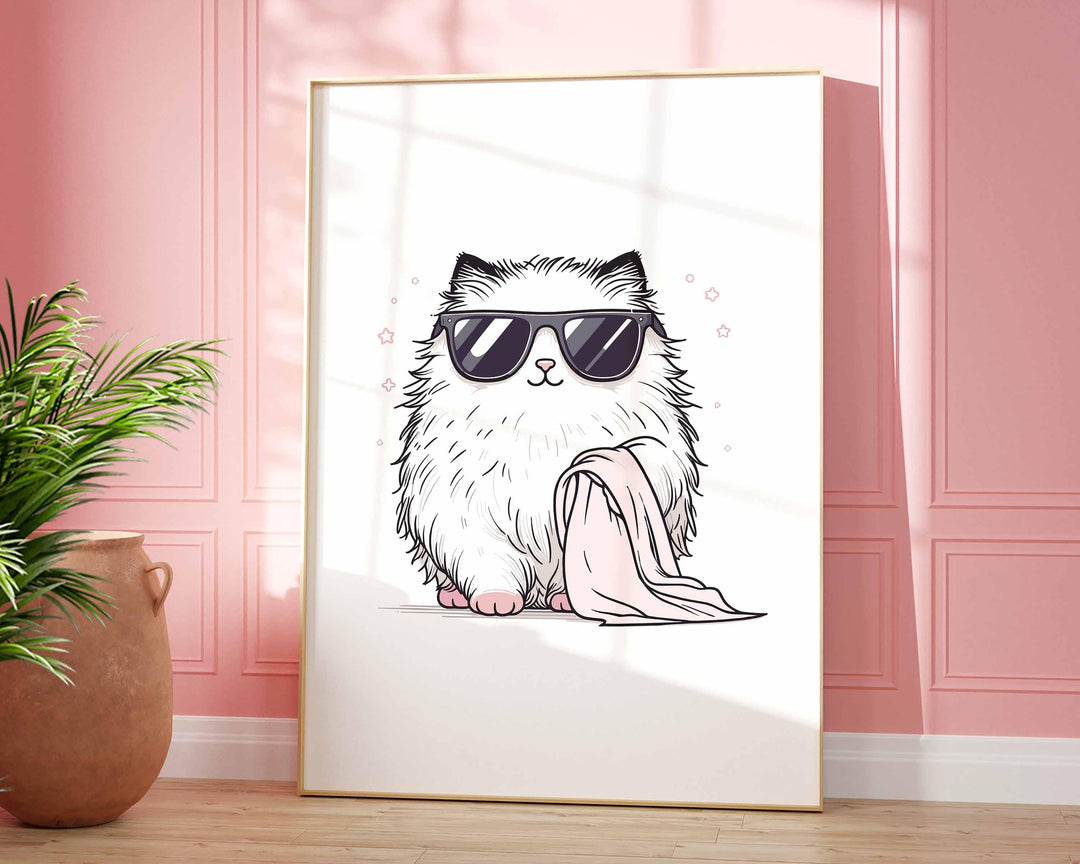 Cute Bathroom Cat In Sunglasses Poster, Funny Cat Aesthetic Wall Art, Trendy Quirky Cat Nursery Room Decor, It Girl Modern Sassy Cat Print