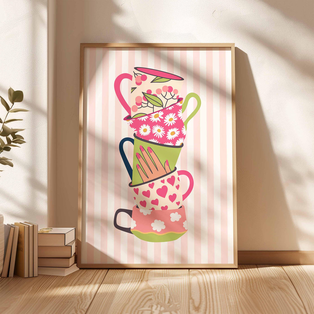 Stacked Colourful Tea Cup Print, Bright Pink Kitchen Poster, Striped Fun Retro Wall Art, Green White Flower Picture, Pretty Floral Decor