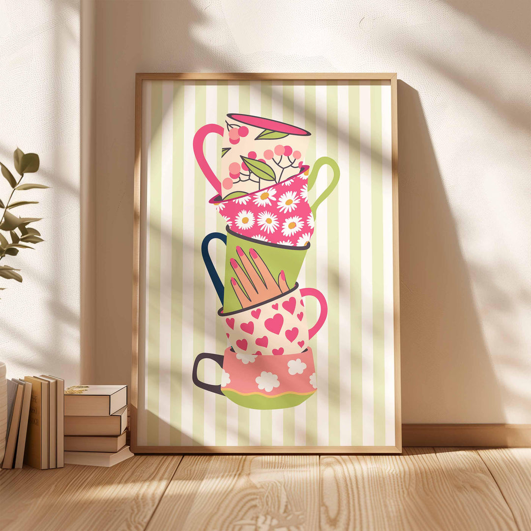 Stacked Colourful Tea Cup Print, Bright Green Kitchen Poster, Striped Fun Retro Wall Art, Pink White Flower Picture, Pretty Hearts Decor