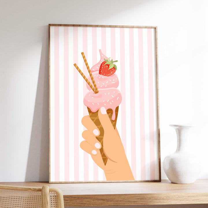 Pretty Pastel Ice Cream Poster, Framed Summer Wall Art, Pink Kitchen Food Print, Fun Green Striped Picture, Strawberry Home Decor