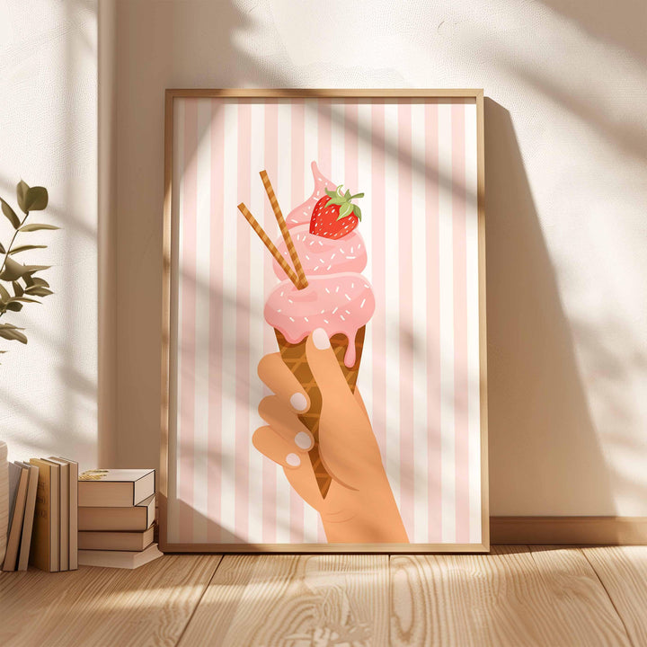 Pretty Pastel Ice Cream Poster, Framed Summer Wall Art, Pink Kitchen Food Print, Fun Green Striped Picture, Strawberry Home Decor