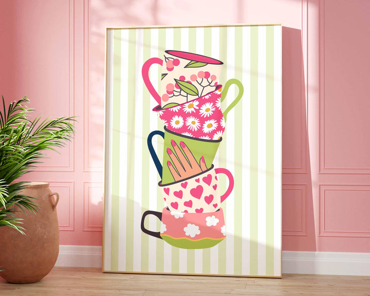 Stacked Colourful Tea Cup Print, Bright Green Kitchen Poster, Striped Fun Retro Wall Art, Pink White Flower Picture, Pretty Hearts Decor
