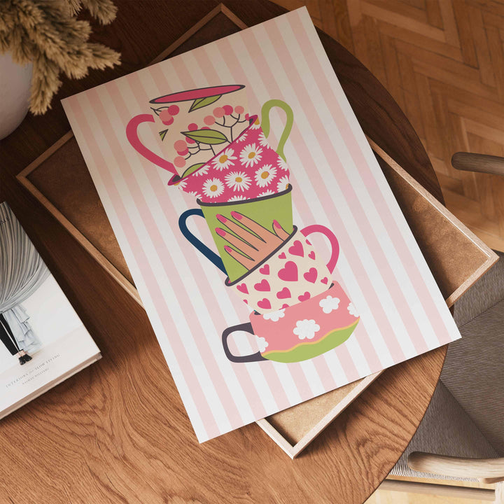 Stacked Colourful Tea Cup Print, Bright Pink Kitchen Poster, Striped Fun Retro Wall Art, Green White Flower Picture, Pretty Floral Decor