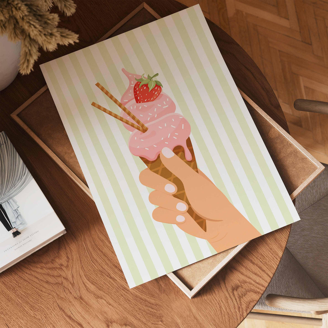Pretty Pastel Ice Cream Poster, Framed Summer Wall Art, Pink Kitchen Food Print, Fun Green Striped Picture, Kids Bedroom Home Decor