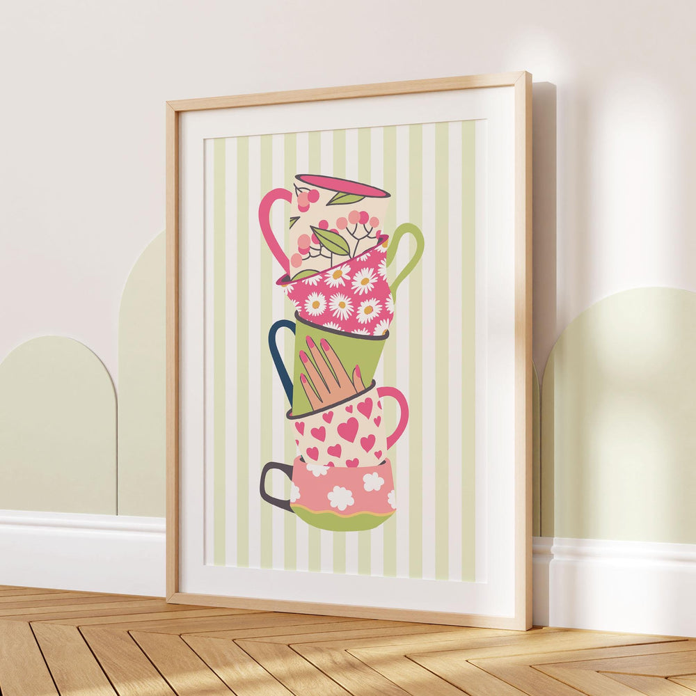 Stacked Colourful Tea Cup Print, Bright Green Kitchen Poster, Striped Fun Retro Wall Art, Pink White Flower Picture, Pretty Hearts Decor