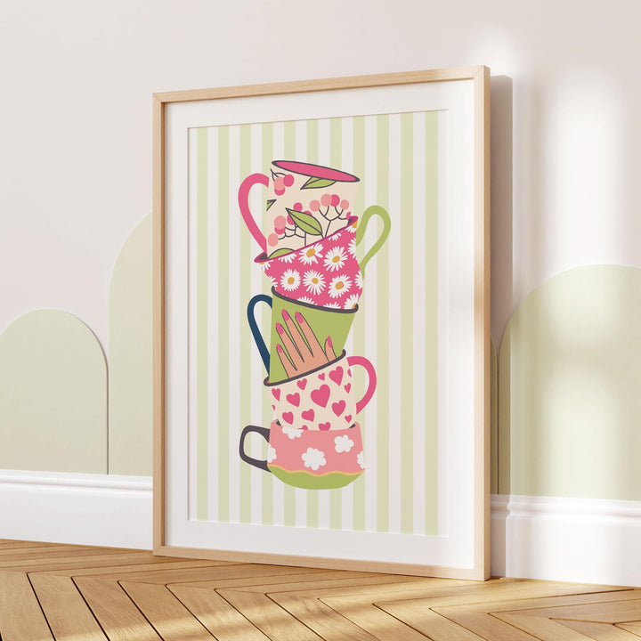 Stacked Colourful Tea Cup Print, Bright Green Kitchen Poster, Striped Fun Retro Wall Art, Pink White Flower Picture, Pretty Hearts Decor