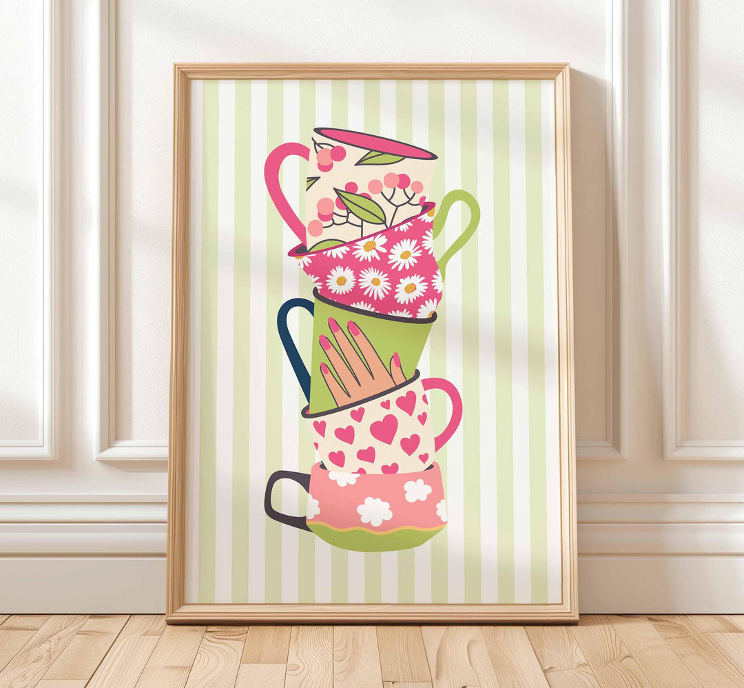 Stacked Colourful Tea Cup Print, Bright Green Kitchen Poster, Striped Fun Retro Wall Art, Pink White Flower Picture, Pretty Hearts Decor