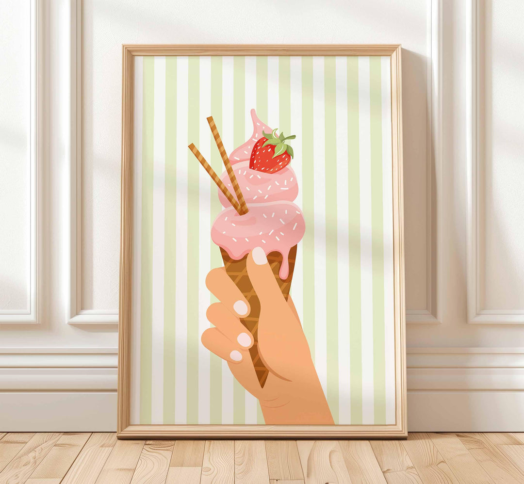 Pretty Pastel Ice Cream Poster, Framed Summer Wall Art, Pink Kitchen Food Print, Fun Green Striped Picture, Kids Bedroom Home Decor
