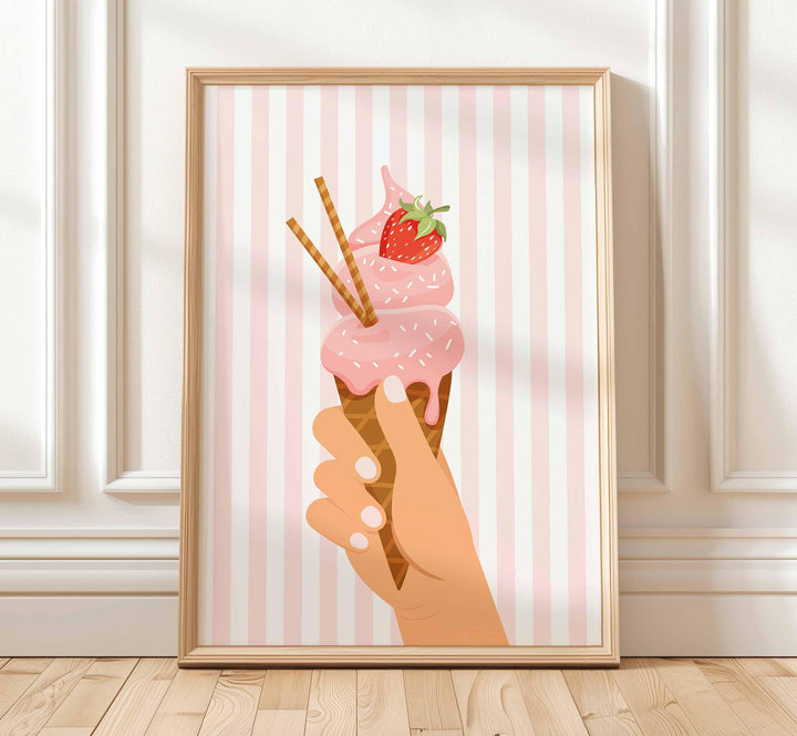Pretty Pastel Ice Cream Poster, Framed Summer Wall Art, Pink Kitchen Food Print, Fun Green Striped Picture, Strawberry Home Decor