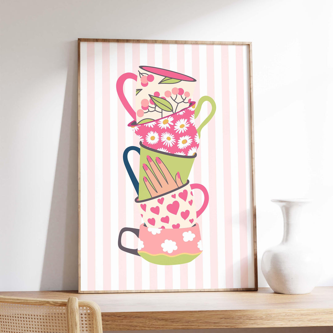 Stacked Colourful Tea Cup Print, Bright Pink Kitchen Poster, Striped Fun Retro Wall Art, Green White Flower Picture, Pretty Floral Decor