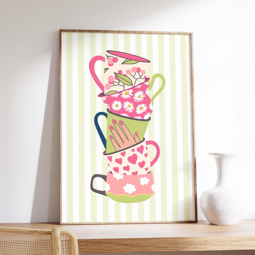 Stacked Colourful Tea Cup Print, Bright Green Kitchen Poster, Striped Fun Retro Wall Art, Pink White Flower Picture, Pretty Hearts Decor