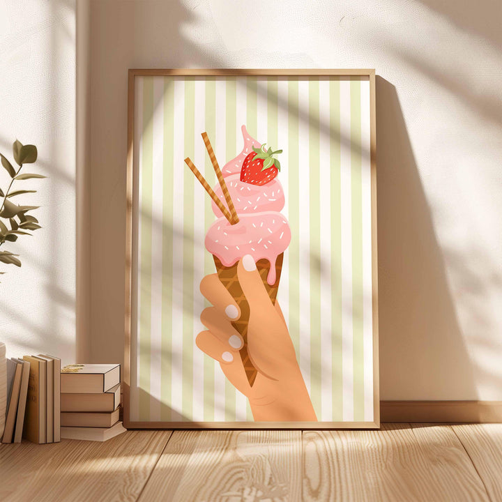 Pretty Pastel Ice Cream Poster, Framed Summer Wall Art, Pink Kitchen Food Print, Fun Green Striped Picture, Kids Bedroom Home Decor