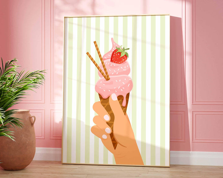 Pretty Pastel Ice Cream Poster, Framed Summer Wall Art, Pink Kitchen Food Print, Fun Green Striped Picture, Kids Bedroom Home Decor