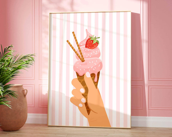 Pretty Pastel Ice Cream Poster, Framed Summer Wall Art, Pink Kitchen Food Print, Fun Green Striped Picture, Strawberry Home Decor
