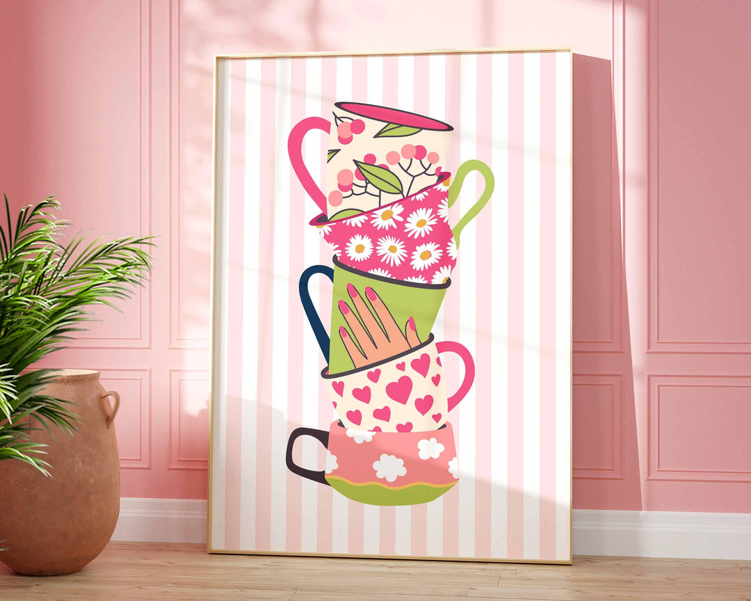 Stacked Colourful Tea Cup Print, Bright Pink Kitchen Poster, Striped Fun Retro Wall Art, Green White Flower Picture, Pretty Floral Decor