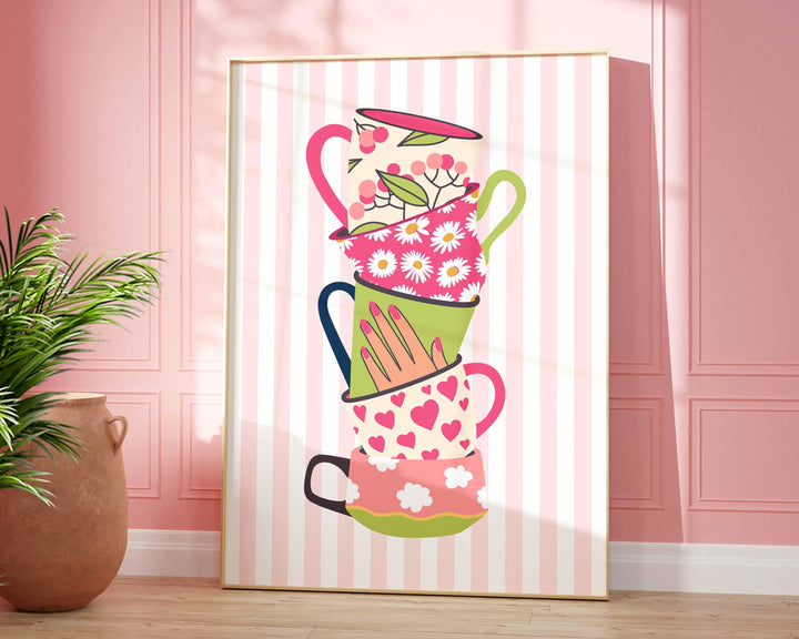 Stacked Colourful Tea Cup Print, Bright Pink Kitchen Poster, Striped Fun Retro Wall Art, Green White Flower Picture, Pretty Floral Decor