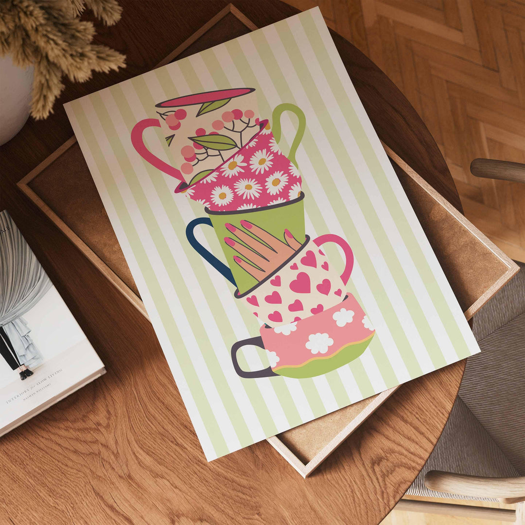 Stacked Colourful Tea Cup Print, Bright Green Kitchen Poster, Striped Fun Retro Wall Art, Pink White Flower Picture, Pretty Hearts Decor
