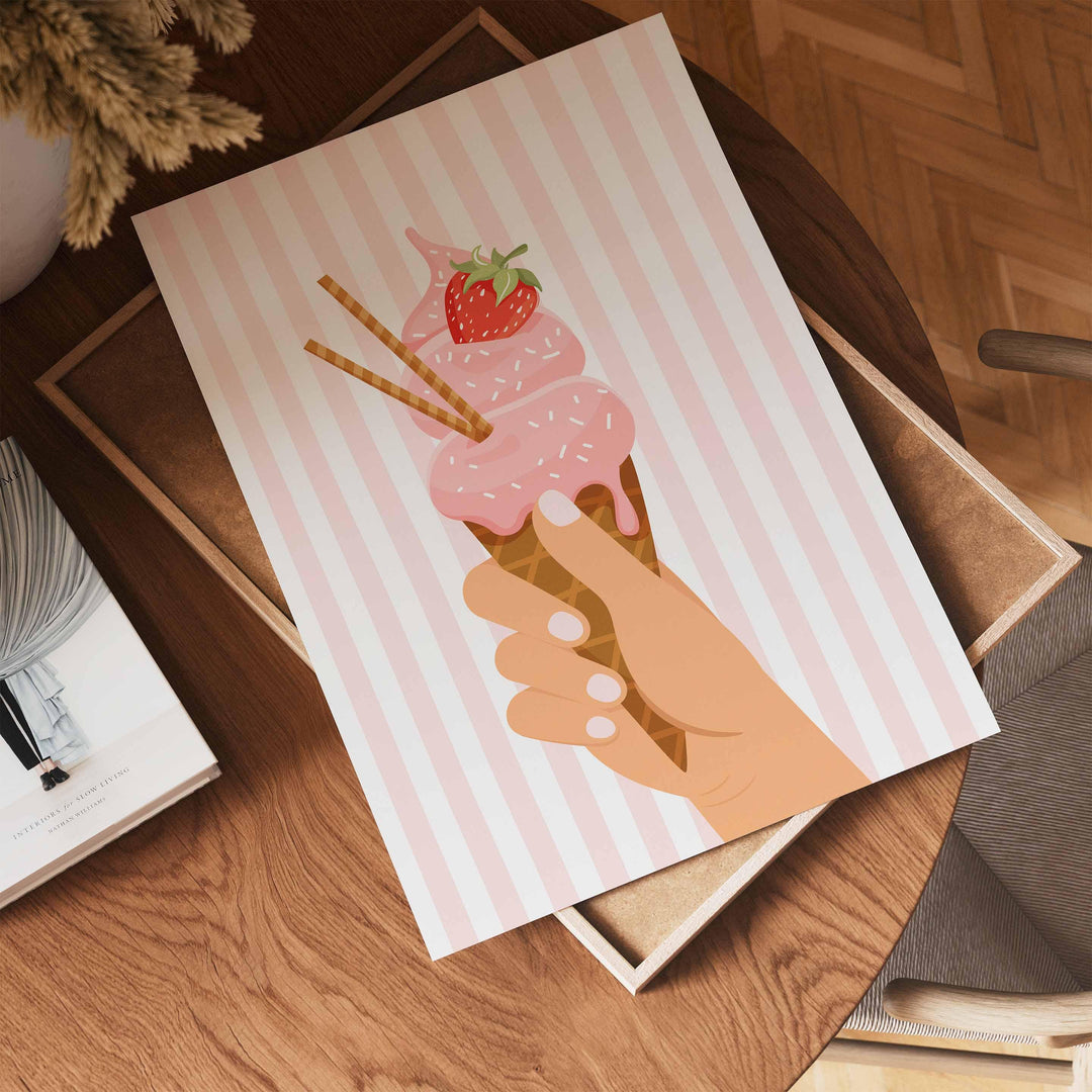 Pretty Pastel Ice Cream Poster, Framed Summer Wall Art, Pink Kitchen Food Print, Fun Green Striped Picture, Strawberry Home Decor
