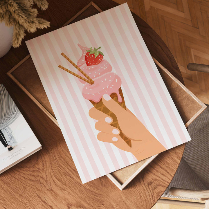 Pretty Pastel Ice Cream Poster, Framed Summer Wall Art, Pink Kitchen Food Print, Fun Green Striped Picture, Strawberry Home Decor