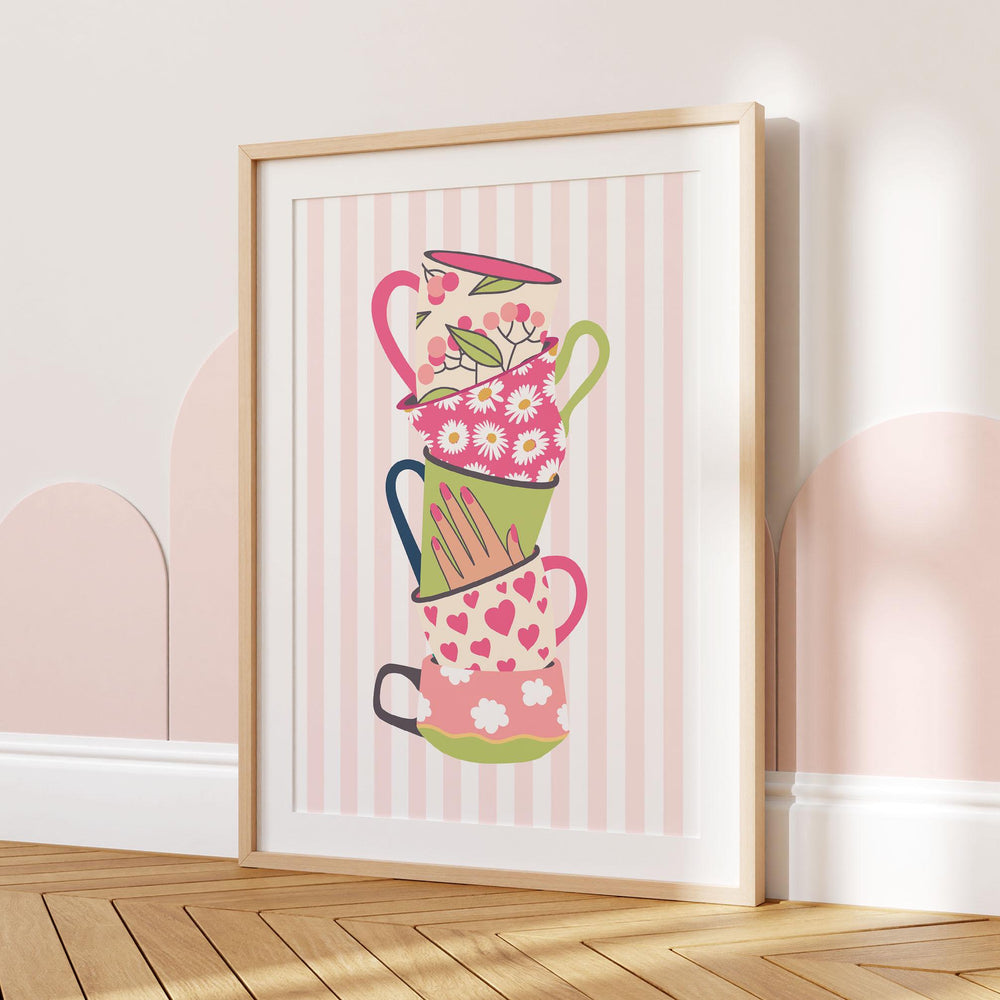 Stacked Colourful Tea Cup Print, Bright Pink Kitchen Poster, Striped Fun Retro Wall Art, Green White Flower Picture, Pretty Floral Decor