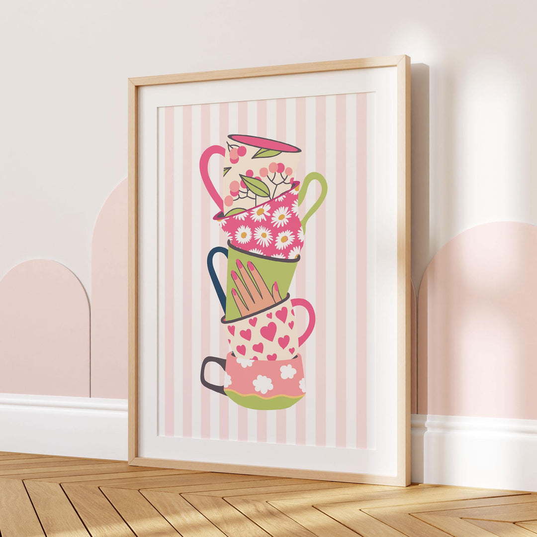 Stacked Colourful Tea Cup Print, Bright Pink Kitchen Poster, Striped Fun Retro Wall Art, Green White Flower Picture, Pretty Floral Decor