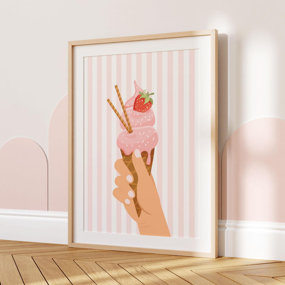 Pretty Pastel Ice Cream Poster, Framed Summer Wall Art, Pink Kitchen Food Print, Fun Green Striped Picture, Strawberry Home Decor