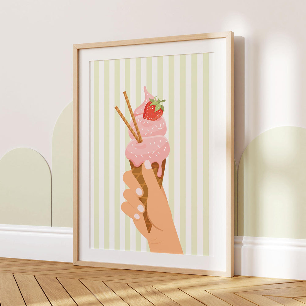 Pretty Pastel Ice Cream Poster, Framed Summer Wall Art, Pink Kitchen Food Print, Fun Green Striped Picture, Kids Bedroom Home Decor